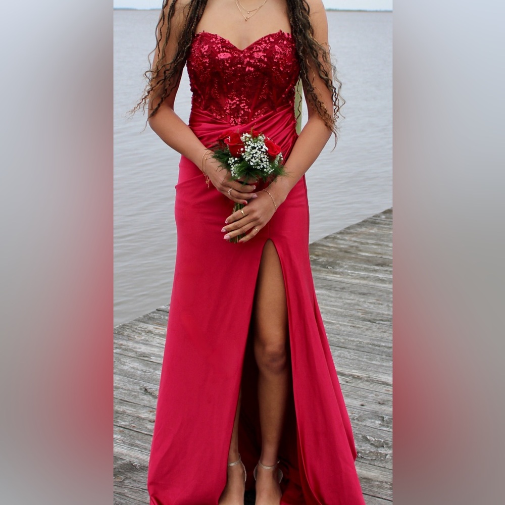 Red corset top prom dress